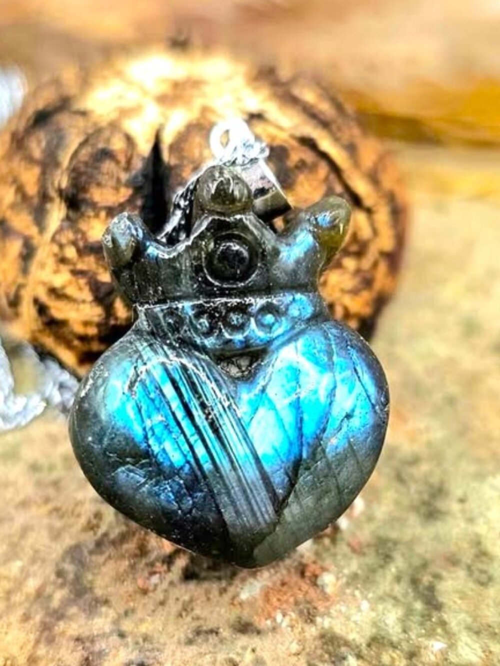 Nature Labradorite Heart With Crown Pendant Necklace